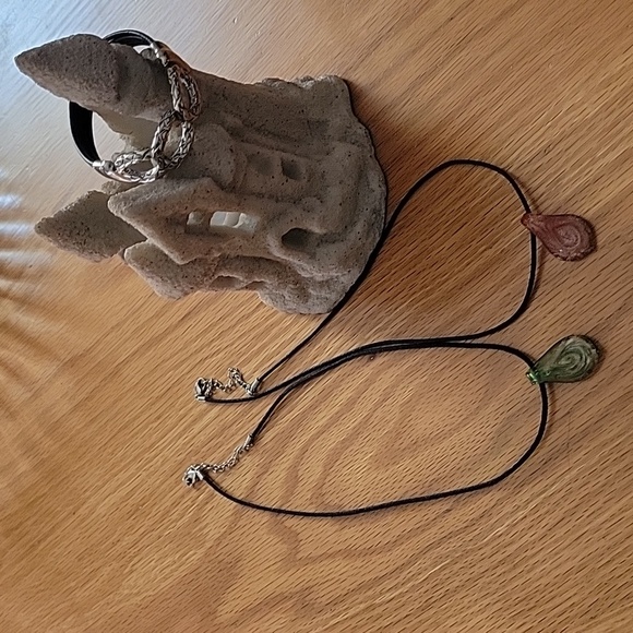 Source Unknown Jewelry - 2 sparkle glass necklaces green/ orange. 1 black/silver bracelet.
